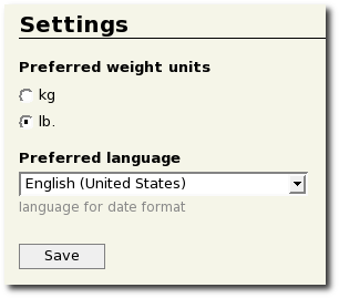 The settings page Setting preffered weight units and date fromat